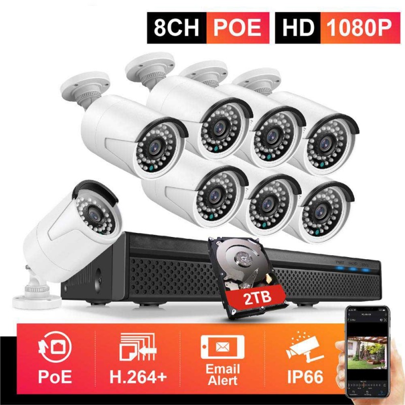 8CH 1080P FHD POE Security System H.265 5MP NVR Wi...